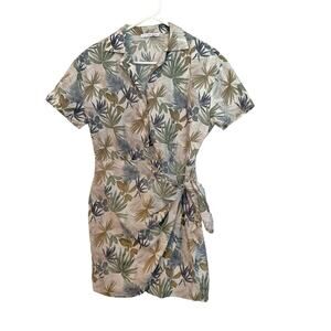 Easy Wear Wrap Dress Women’s Size L Green/Tan Floral Linen Blend Hawaiian